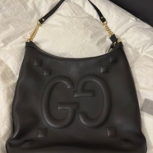 Gucci Large Apollo Embossed GG Black Leather Hobo Shoulder Bag With Gold New